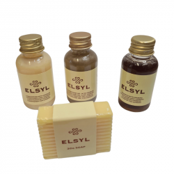 Gamme complète Elsyl avec shampoing, après-shampoing, gel douche et savon, offrant une expérience de bien-être haut de gamme.